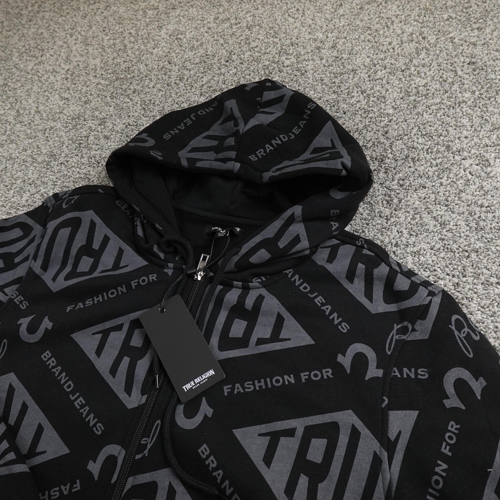 NEW True Religion Hoodie Mens XL Black Horseshoe Logo Full Zip Sweatshirt Jacket